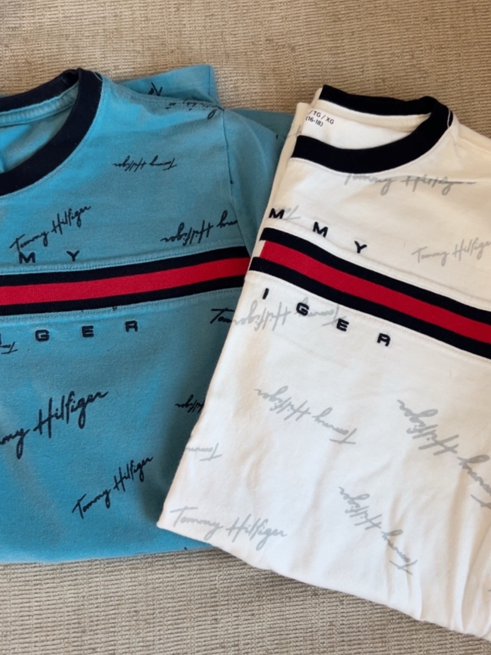 Tommy Hilfiger Kids Short Sleeve Tee - White & Light Blue with Red/Navy Stripe